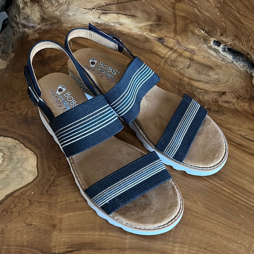 BOBS from Skechers Navy and White Striped Wedge Sandals